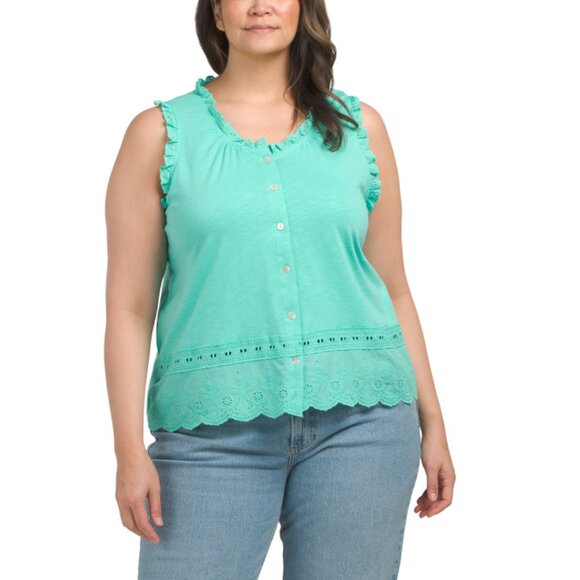 KAKTUS Aqua Plus Eyelet Button Front Tank Top - Picture 1 of 2